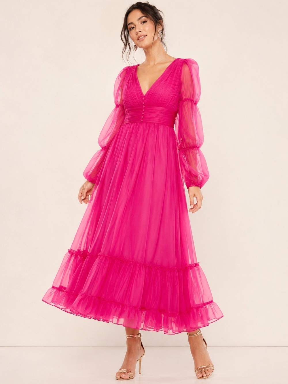 Anthropologie Mac Duggal 68254 Midi Chiffon Dress in Hot Pink Size 6